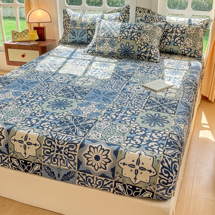 91家纺网 家纺一手货源 找家纺 眠博士 2025新款全棉混纺生态磨毛印花单床笠 磨毛床笠-浪漫蓝布