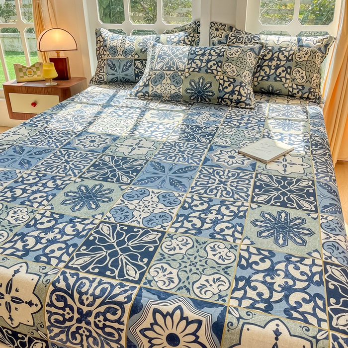 91家纺网 家纺一手货源 找家纺 眠博士 2025新款全棉混纺生态磨毛印花单床笠 磨毛床笠-浪漫蓝布