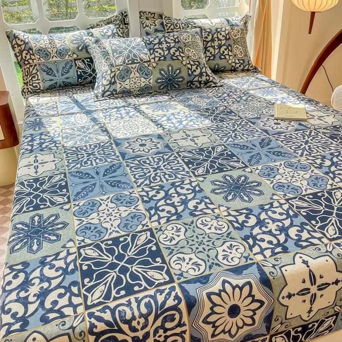 91家纺网 家纺一手货源 找家纺 眠博士 2025新款全棉混纺生态磨毛印花单床笠 磨毛床笠-浪漫蓝布