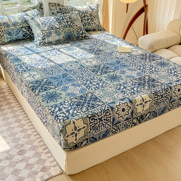 91家纺网 家纺一手货源 找家纺 眠博士 2025新款全棉混纺生态磨毛印花单床笠 磨毛床笠-浪漫蓝布