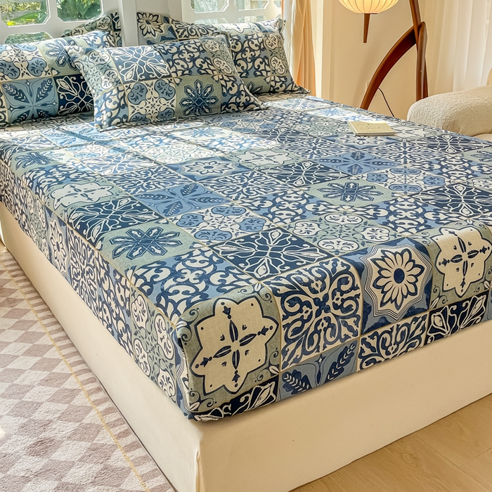 91家纺网 家纺一手货源 找家纺 眠博士 2025新款全棉混纺生态磨毛印花单床笠 磨毛床笠-浪漫蓝布