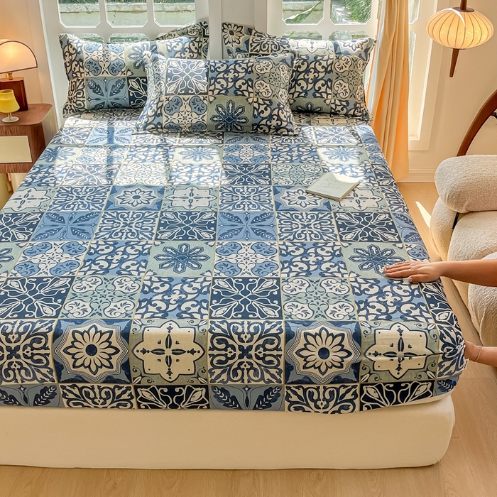 91家纺网 家纺一手货源 找家纺 眠博士 2025新款全棉混纺生态磨毛印花单床笠 磨毛床笠-浪漫蓝布