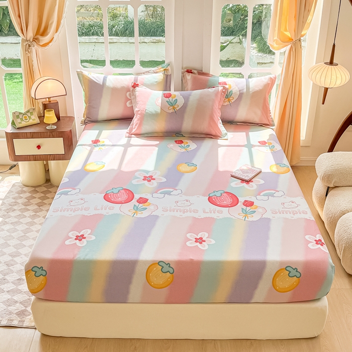 91家纺网 家纺一手货源 找家纺 眠博士 2025新款全棉混纺生态磨毛印花单床笠 磨毛床笠-七彩草莓