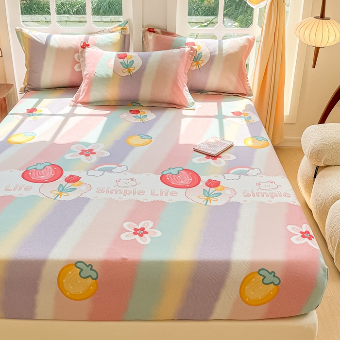 91家纺网 家纺一手货源 找家纺 眠博士 2025新款全棉混纺生态磨毛印花单床笠 磨毛床笠-七彩草莓