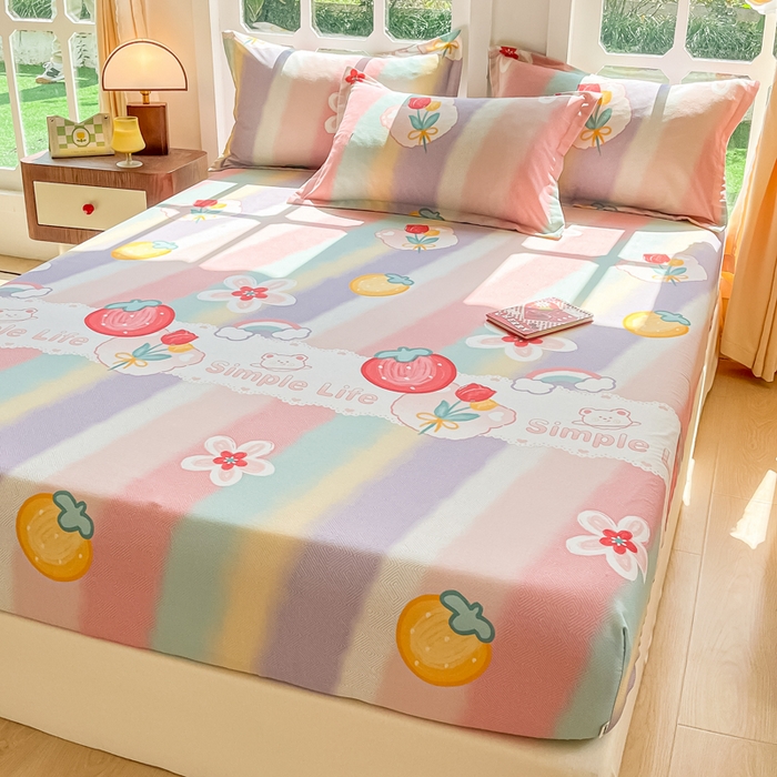 91家纺网 家纺一手货源 找家纺 眠博士 2025新款全棉混纺生态磨毛印花单床笠 磨毛床笠-七彩草莓