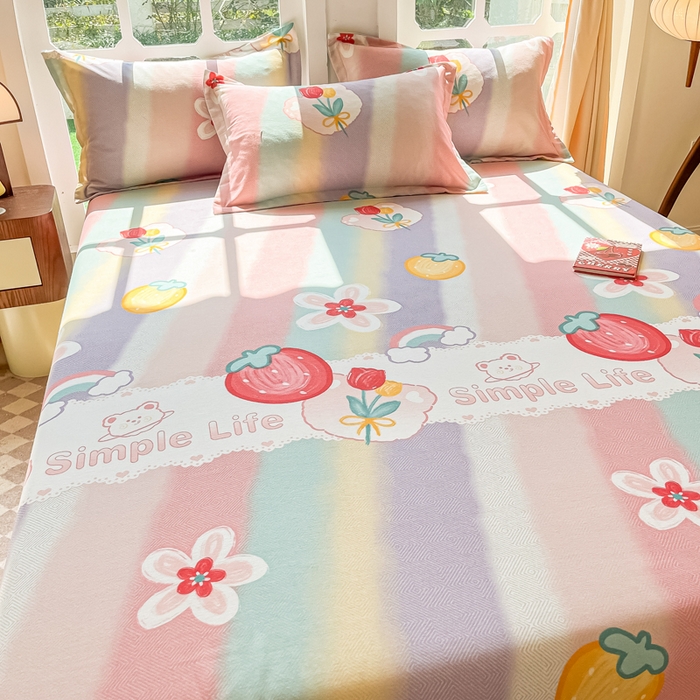 91家纺网 家纺一手货源 找家纺 眠博士 2025新款全棉混纺生态磨毛印花单床笠 磨毛床笠-七彩草莓