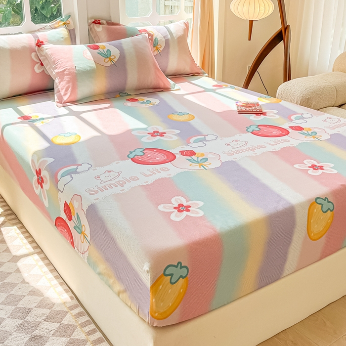 91家纺网 家纺一手货源 找家纺 眠博士 2025新款全棉混纺生态磨毛印花单床笠 磨毛床笠-七彩草莓