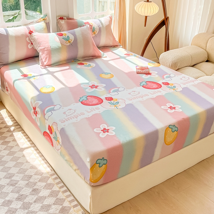 91家纺网 家纺一手货源 找家纺 眠博士 2025新款全棉混纺生态磨毛印花单床笠 磨毛床笠-七彩草莓