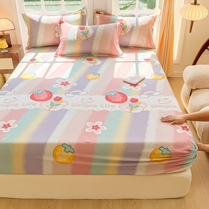 91家纺网 家纺一手货源 找家纺 眠博士 2025新款全棉混纺生态磨毛印花单床笠 磨毛床笠-七彩草莓