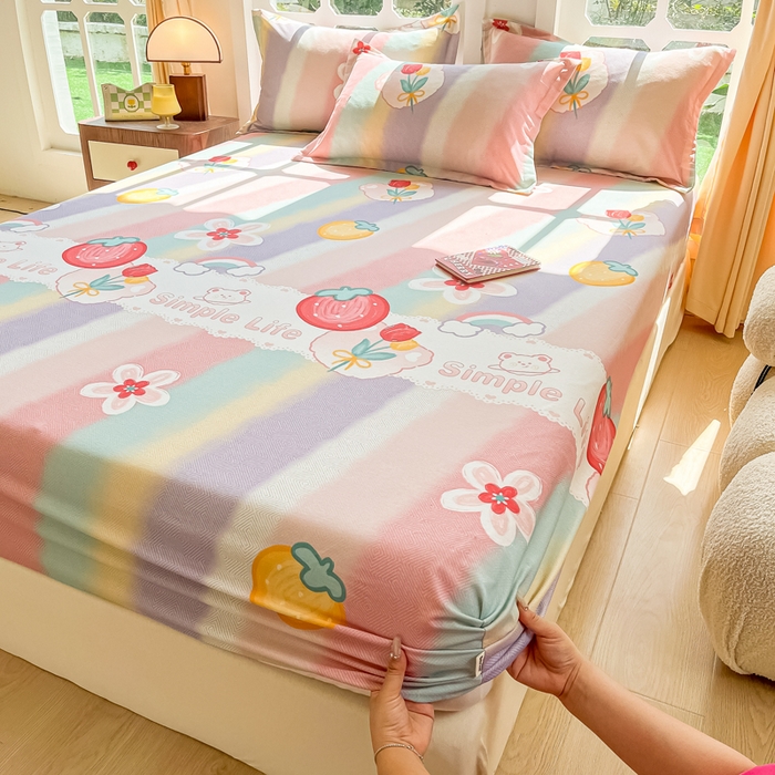 91家纺网 家纺一手货源 找家纺 眠博士 2025新款全棉混纺生态磨毛印花单床笠 磨毛床笠-七彩草莓