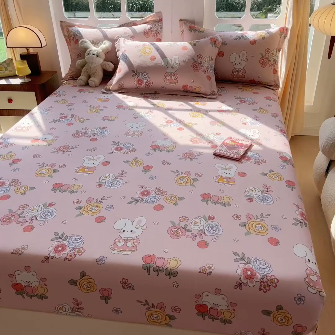 91家纺网 家纺一手货源 找家纺 眠博士 2025新款全棉混纺生态磨毛印花单床笠 磨毛床笠-兔姑娘