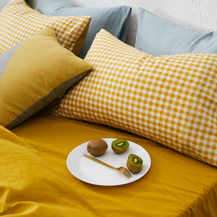 91家纺网 家纺一手货源 找家纺 贝尔 PELLHOME 纯棉枕套纯色良品格子水洗棉简约48*74单人（可抖音代发） 向阳柠黄