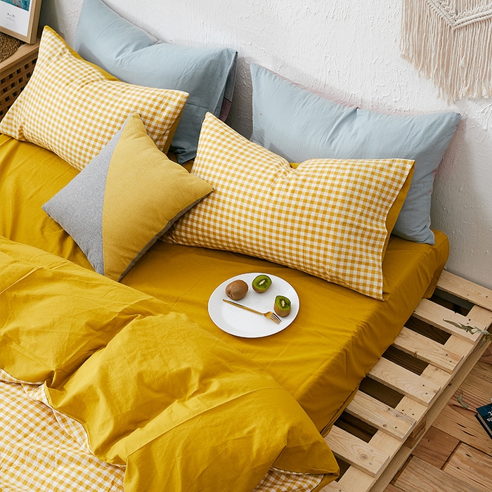 91家纺网 家纺一手货源 找家纺 贝尔 PELLHOME 纯棉枕套纯色良品格子水洗棉简约48*74单人（可抖音代发） 向阳柠黄