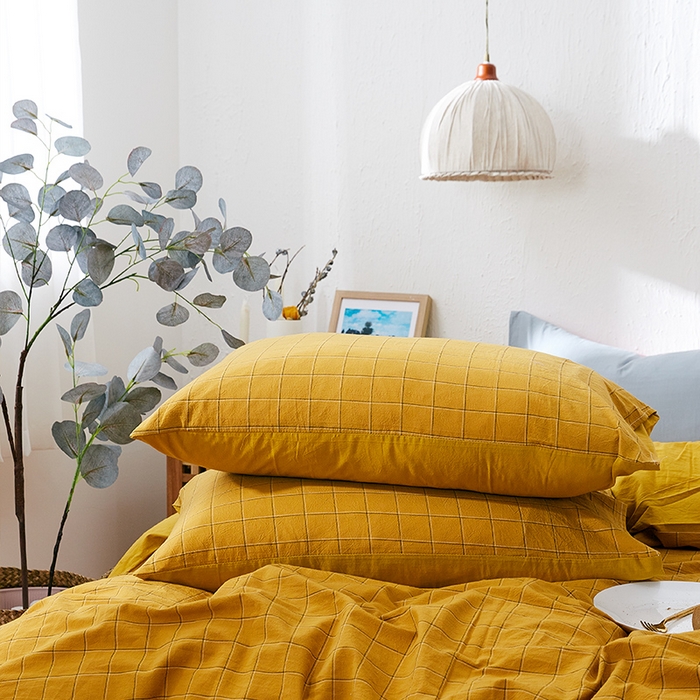 贝尔 PELLHOME 纯棉枕套纯色良品格子水洗棉简约48*74单人（可抖音代发） 芥子黄
