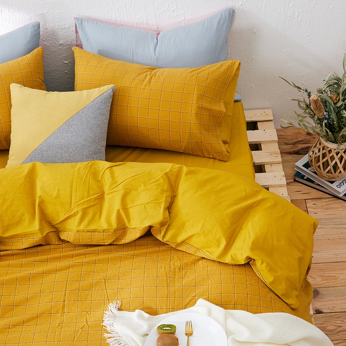 91家纺网 家纺一手货源 找家纺 贝尔 PELLHOME 纯棉枕套纯色良品格子水洗棉简约48*74单人（可抖音代发） 芥子黄