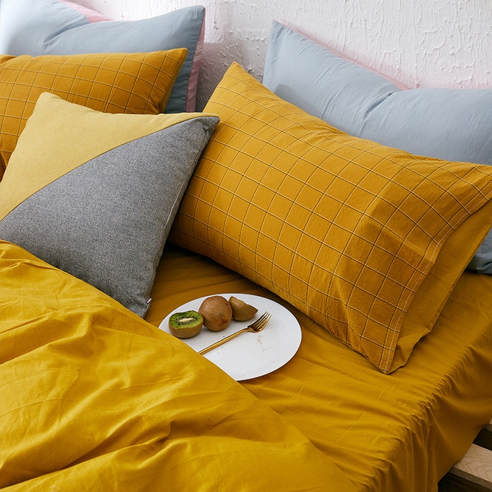 91家纺网 家纺一手货源 找家纺 贝尔 PELLHOME 纯棉枕套纯色良品格子水洗棉简约48*74单人（可抖音代发） 芥子黄