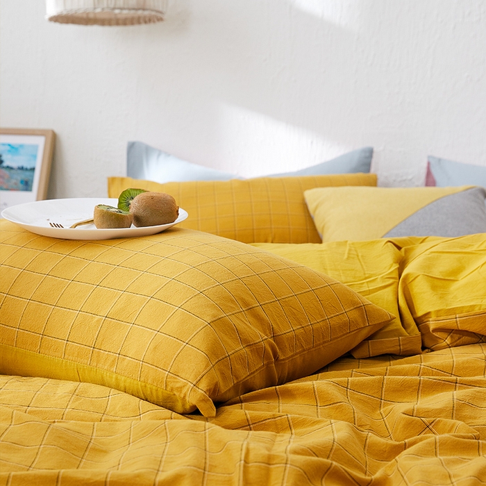 91家纺网 家纺一手货源 找家纺 贝尔 PELLHOME 纯棉枕套纯色良品格子水洗棉简约48*74单人（可抖音代发） 芥子黄
