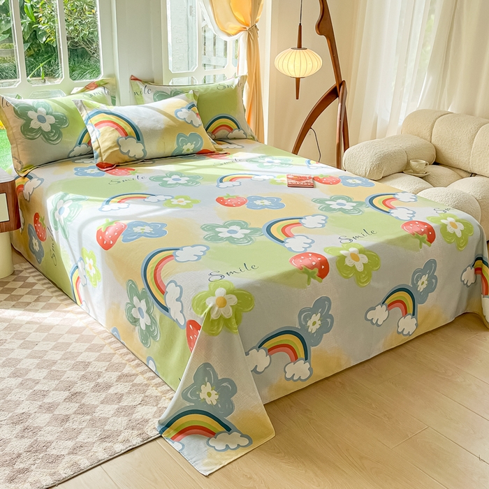 眠博士 2025新款全棉混纺生态磨毛印花单床单 磨毛床单-彩虹草莓