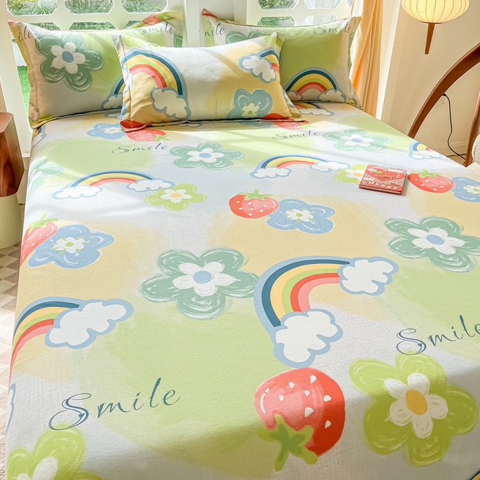 91家纺网 家纺一手货源 找家纺 眠博士 2025新款全棉混纺生态磨毛印花单床单 磨毛床单-彩虹草莓