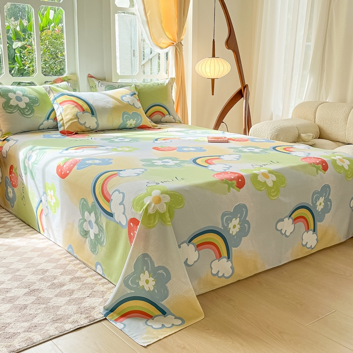 91家纺网 家纺一手货源 找家纺 眠博士 2025新款全棉混纺生态磨毛印花单床单 磨毛床单-彩虹草莓