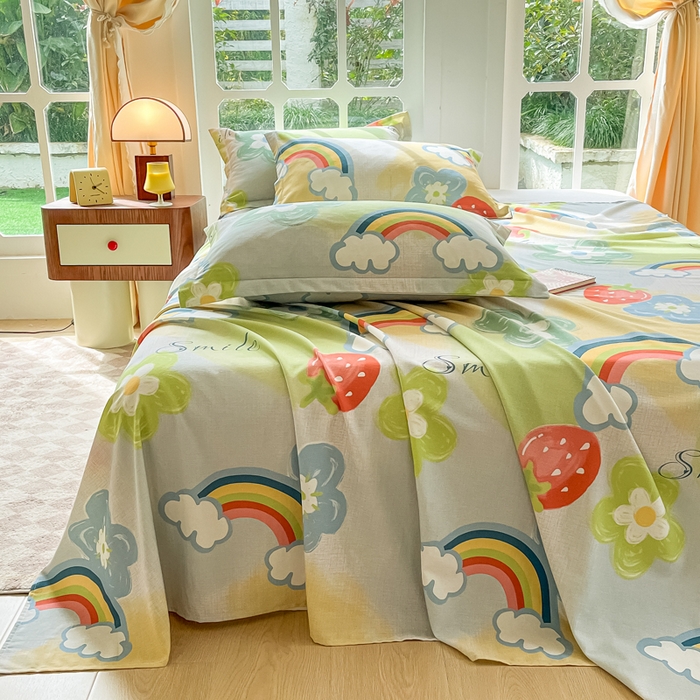 91家纺网 家纺一手货源 找家纺 眠博士 2025新款全棉混纺生态磨毛印花单床单 磨毛床单-彩虹草莓