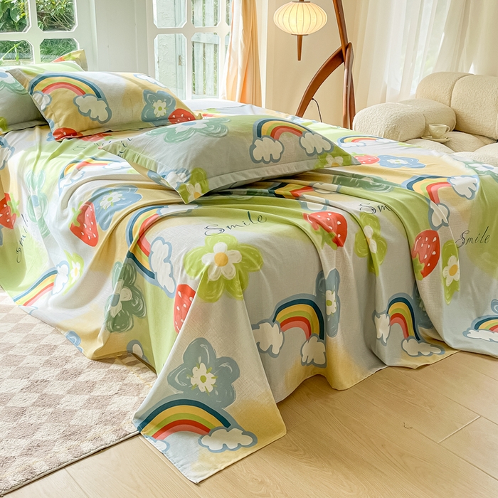 91家纺网 家纺一手货源 找家纺 眠博士 2025新款全棉混纺生态磨毛印花单床单 磨毛床单-彩虹草莓