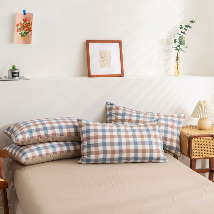 贝尔 PELLHOME 纯棉枕套纯色良品格子水洗棉简约48*74单人（可抖音代发） 蓝咖中格