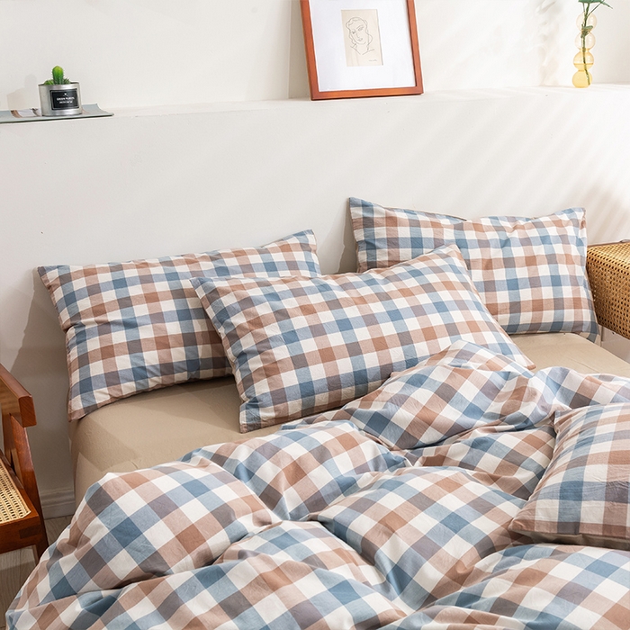 91家纺网 家纺一手货源 找家纺 贝尔 PELLHOME 纯棉枕套纯色良品格子水洗棉简约48*74单人（可抖音代发） 蓝咖中格