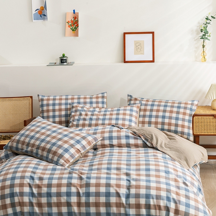 91家纺网 家纺一手货源 找家纺 贝尔 PELLHOME 纯棉枕套纯色良品格子水洗棉简约48*74单人（可抖音代发） 蓝咖中格