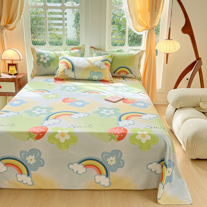 91家纺网 家纺一手货源 找家纺 眠博士 2025新款全棉混纺生态磨毛印花单床单 磨毛床单-彩虹草莓