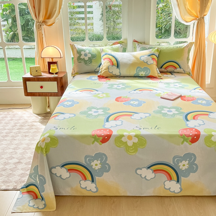 91家纺网 家纺一手货源 找家纺 眠博士 2025新款全棉混纺生态磨毛印花单床单 磨毛床单-彩虹草莓