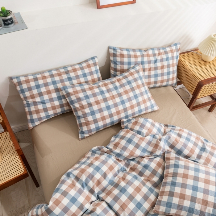 91家纺网 家纺一手货源 找家纺 贝尔 PELLHOME 纯棉枕套纯色良品格子水洗棉简约48*74单人（可抖音代发） 蓝咖中格