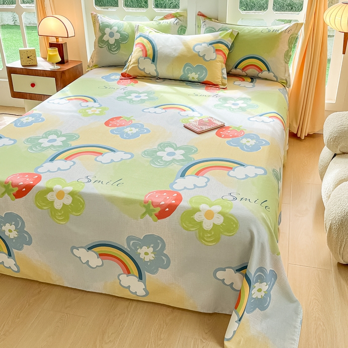 91家纺网 家纺一手货源 找家纺 眠博士 2025新款全棉混纺生态磨毛印花单床单 磨毛床单-彩虹草莓