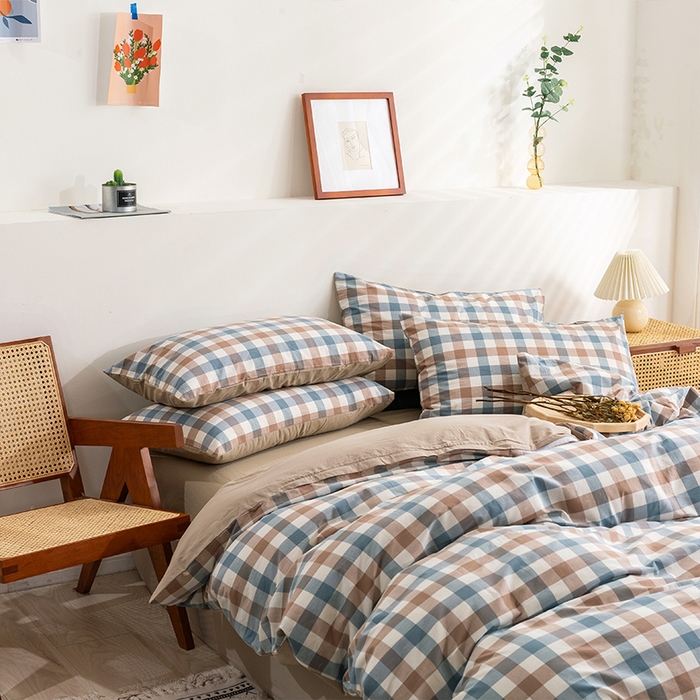 91家纺网 家纺一手货源 找家纺 贝尔 PELLHOME 纯棉枕套纯色良品格子水洗棉简约48*74单人（可抖音代发） 蓝咖中格