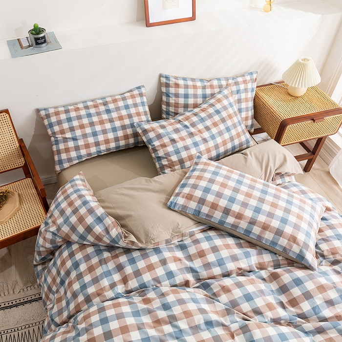 91家纺网 家纺一手货源 找家纺 贝尔 PELLHOME 纯棉枕套纯色良品格子水洗棉简约48*74单人（可抖音代发） 蓝咖中格