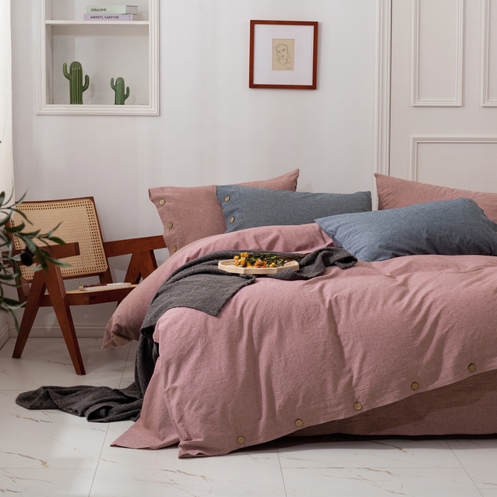 91家纺网 家纺一手货源 找家纺 （总）贝尔 PELLHOME 简约复古风美日式纯素色纽扣棉麻透气舒适亚麻北欧单被套（可抖音代发）