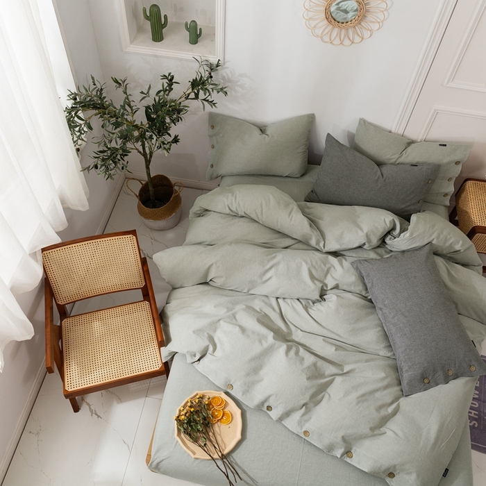 贝尔 PELLHOME 简约复古风美日式纯素色纽扣棉麻透气舒适亚麻北欧单被套（可抖音代发） 烟雾绿