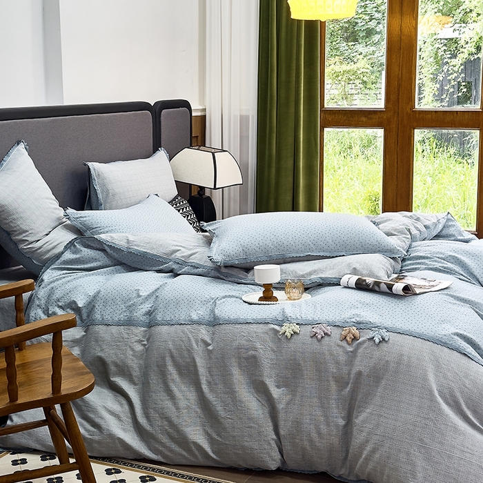 91家纺网 家纺一手货源 找家纺 贝尔 2025新款urban classic枫叶全棉色织提花四件套-花边款 天青雨