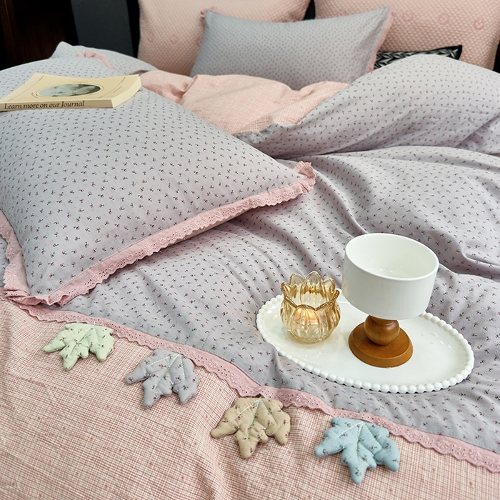 91家纺网 家纺一手货源 找家纺 贝尔 2025新款urban classic枫叶全棉色织提花四件套-花边款 紫萱