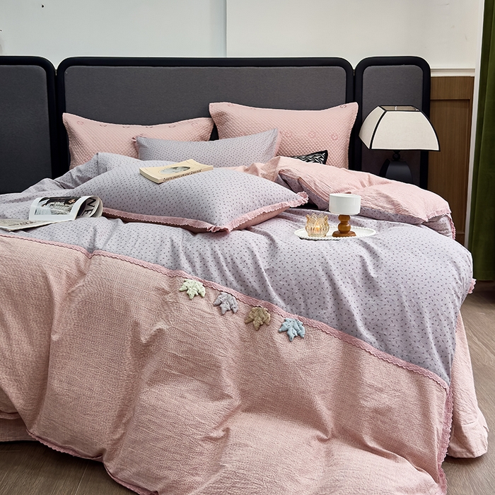 91家纺网 家纺一手货源 找家纺 贝尔 2025新款urban classic枫叶全棉色织提花四件套-花边款 紫萱