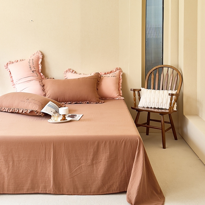 91家纺网 家纺一手货源 找家纺 贝尔 2025新款全棉双层皱皱纱花边刺绣小狗四件套 小狗-棕咖