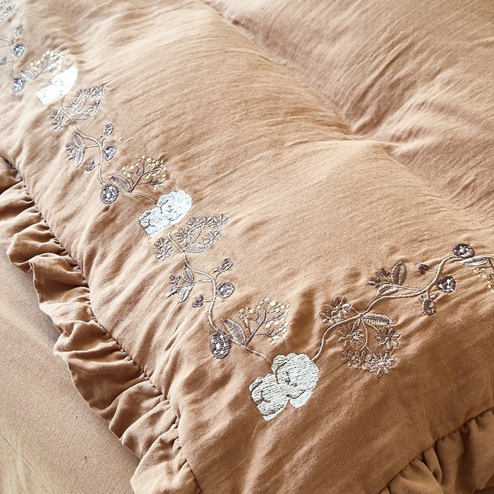 91家纺网 家纺一手货源 找家纺 贝尔 2025新款全棉双层皱皱纱花边刺绣小狗四件套 小狗-棕咖