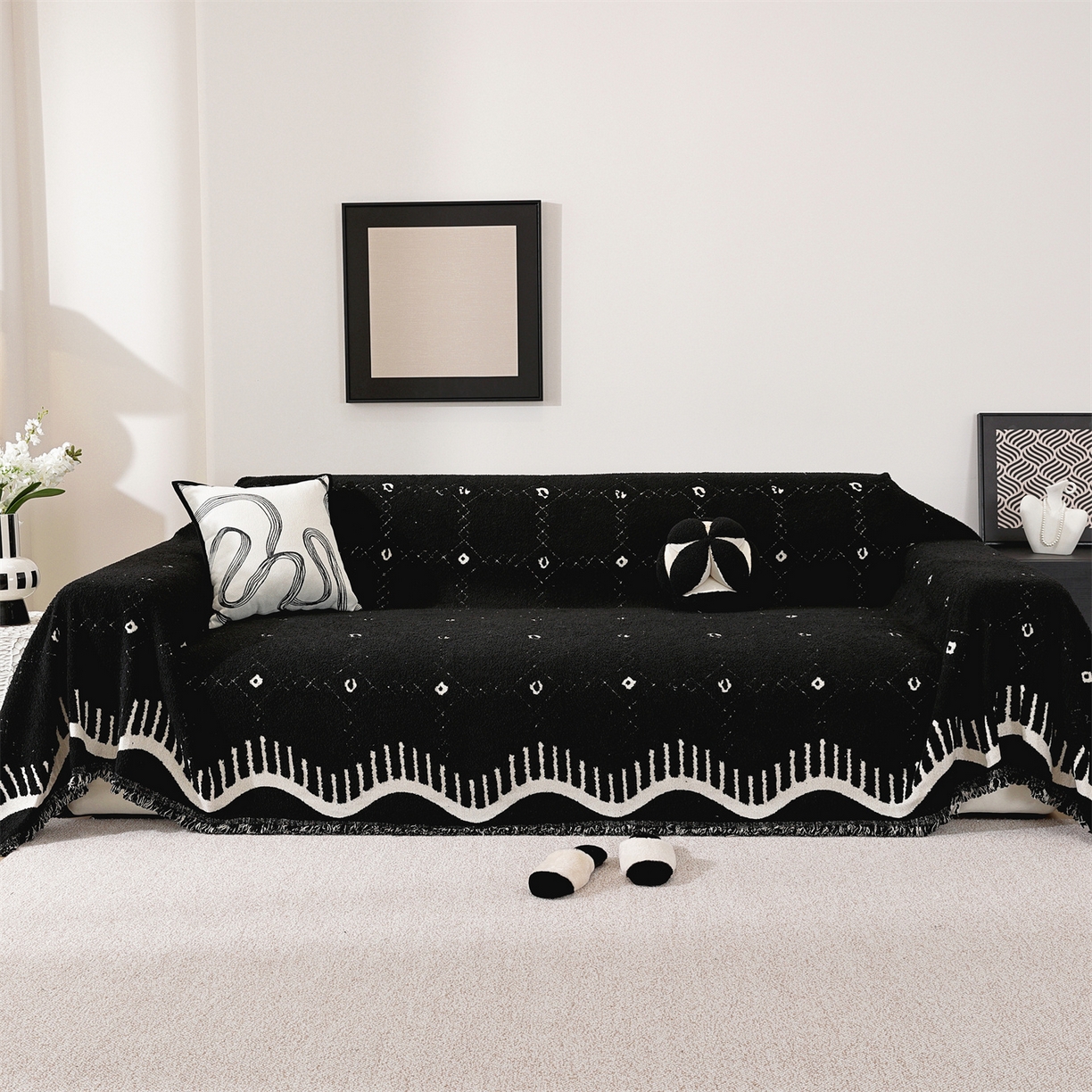 91家纺网 家纺一手货源 找家纺 共鸣沙发垫 2025新款半边绒沙发巾 半边绒黑色