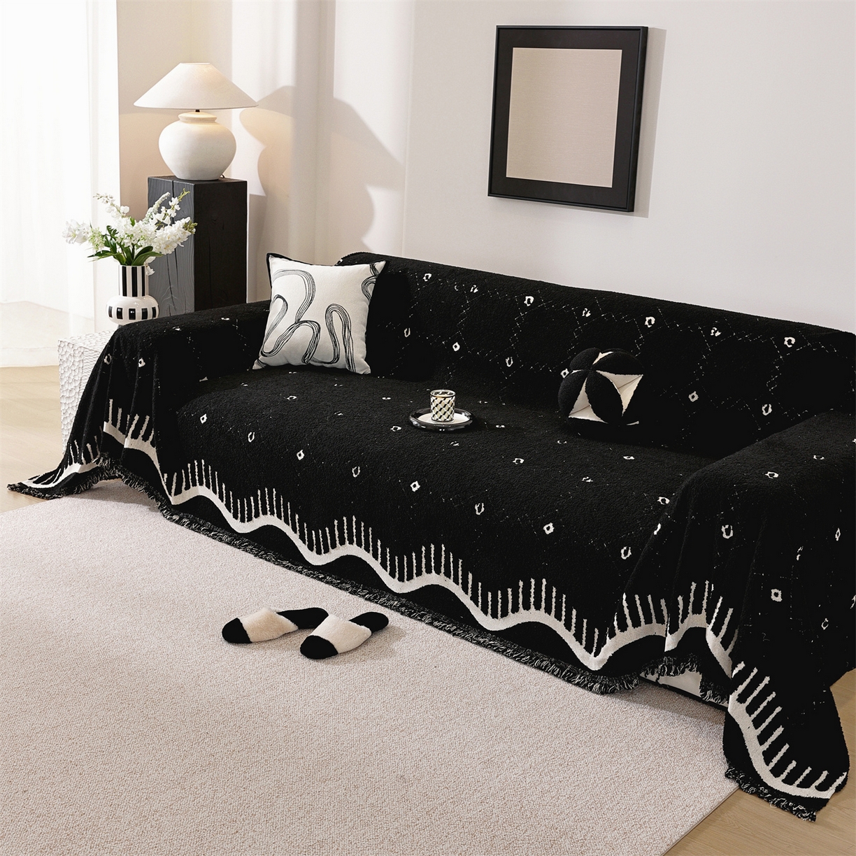 91家纺网 家纺一手货源 找家纺 共鸣沙发垫 2025新款半边绒沙发巾 半边绒黑色