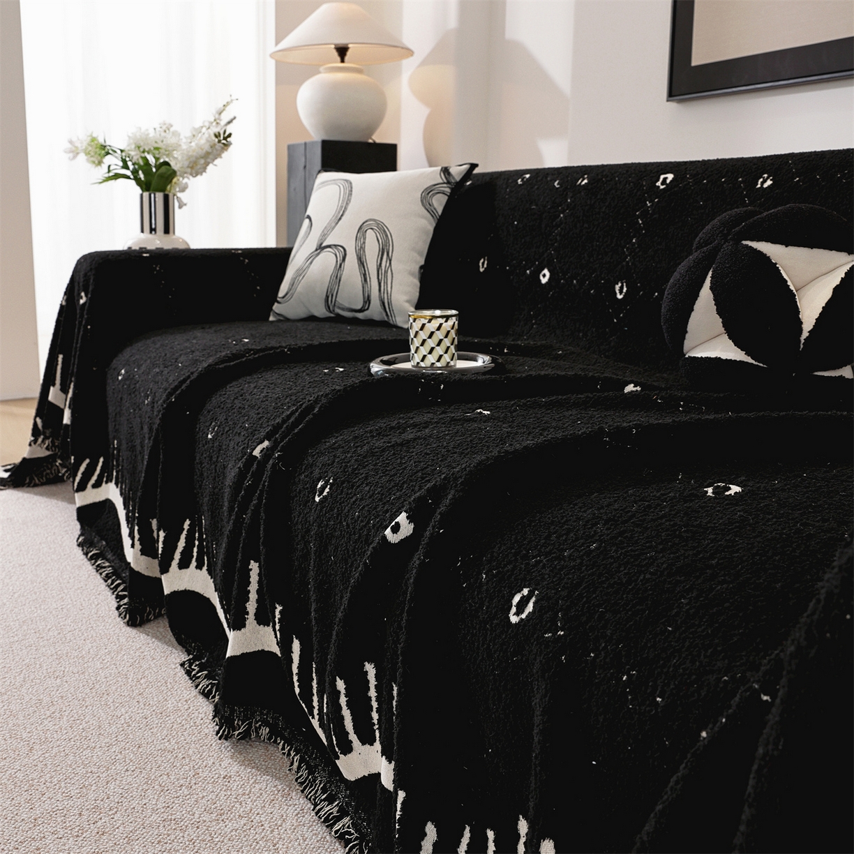 91家纺网 家纺一手货源 找家纺 共鸣沙发垫 2025新款半边绒沙发巾 半边绒黑色