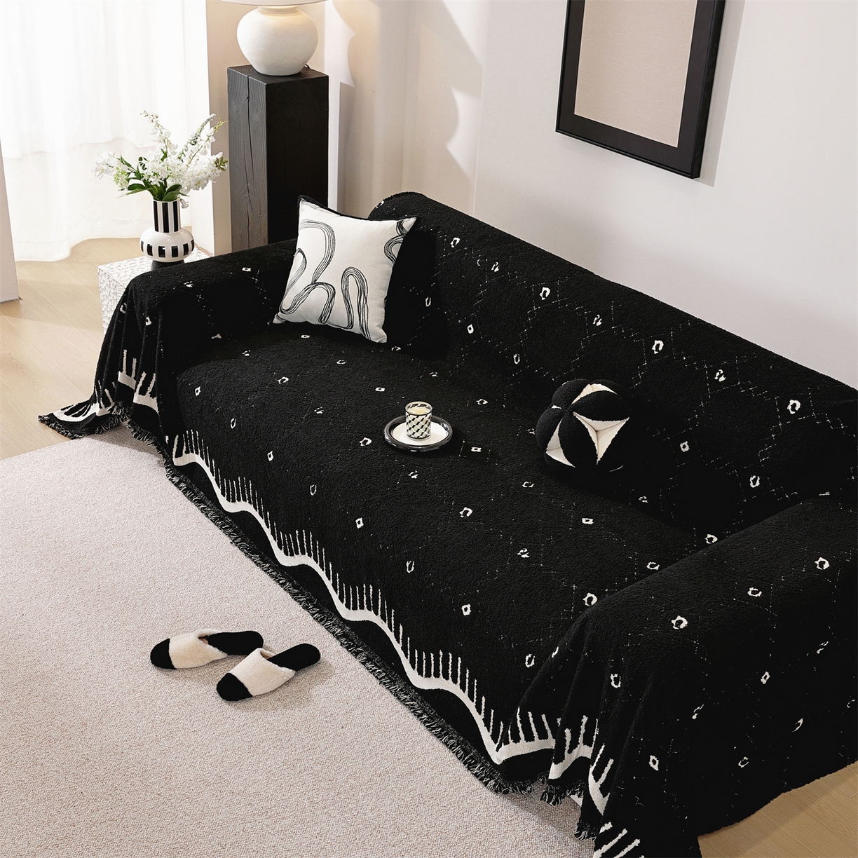 91家纺网 家纺一手货源 找家纺 共鸣沙发垫 2025新款半边绒沙发巾 半边绒黑色