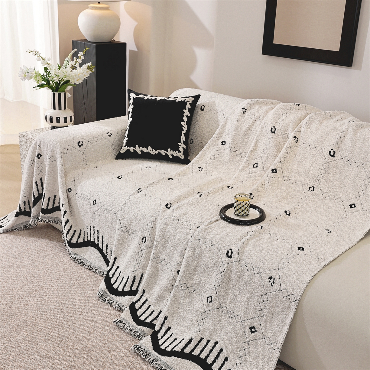 91家纺网 家纺一手货源 找家纺 共鸣沙发垫 2025新款半边绒沙发巾 半边绒米色