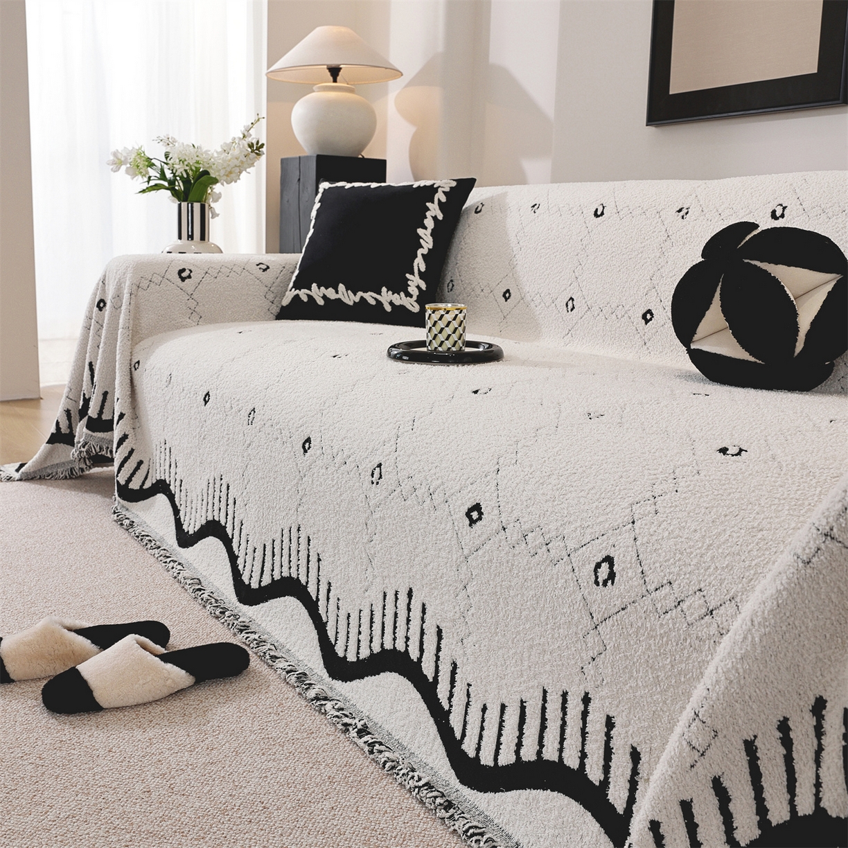 91家纺网 家纺一手货源 找家纺 共鸣沙发垫 2025新款半边绒沙发巾 半边绒米色