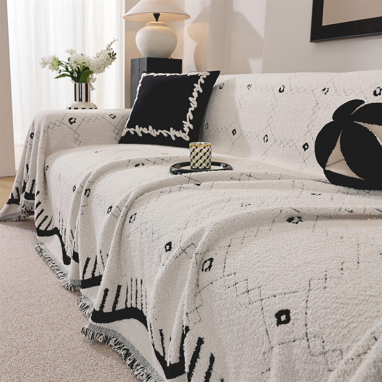 91家纺网 家纺一手货源 找家纺 共鸣沙发垫 2025新款半边绒沙发巾 半边绒米色