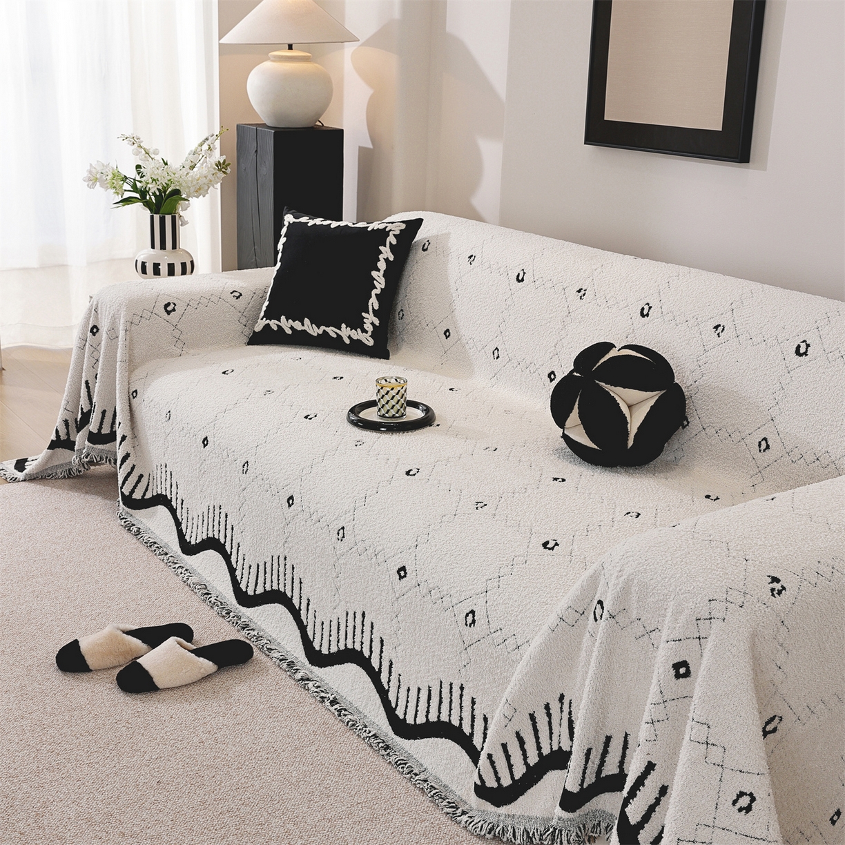 91家纺网 家纺一手货源 找家纺 共鸣沙发垫 2025新款半边绒沙发巾 半边绒米色